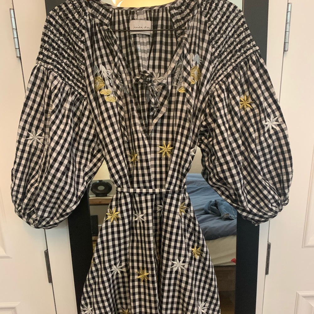 Gingham dress with Silver and Gold Embroidery